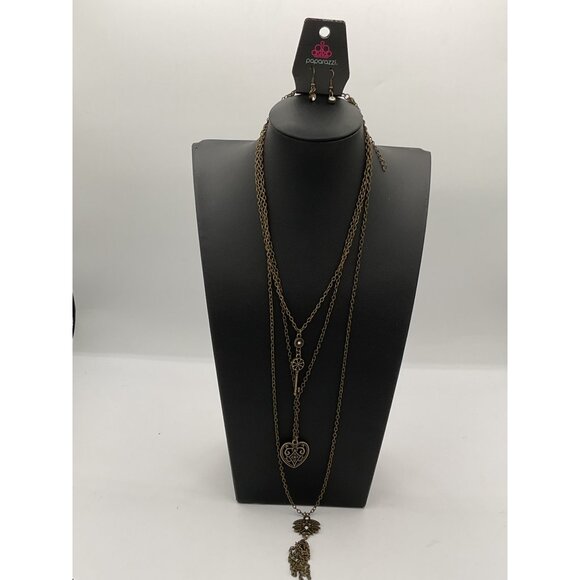 Paparazzi Heart & Key Bronze Tone Layered Necklace & Earrings Set - Picture 1 of 4